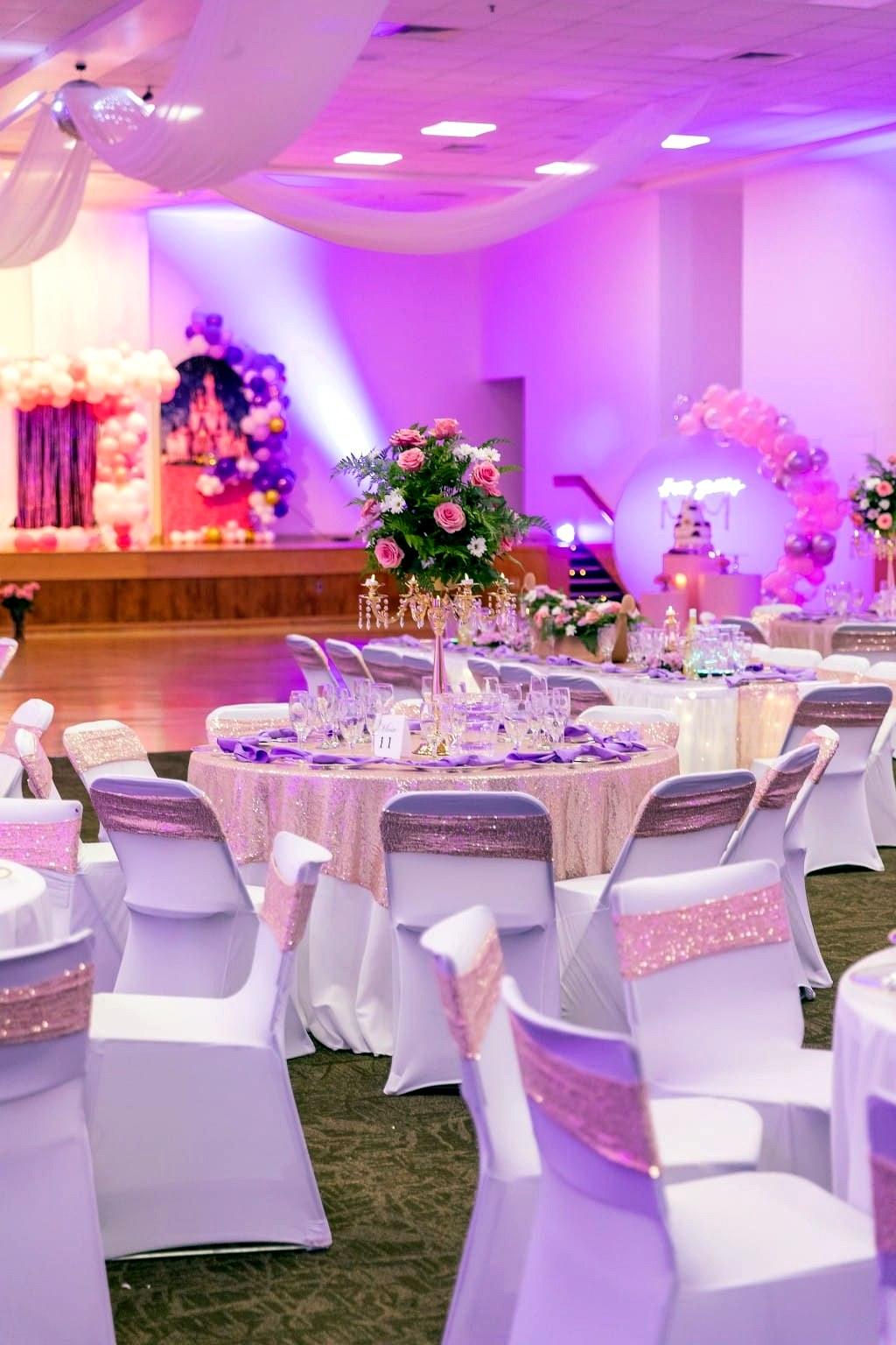 Quinceañera tables with pink sequins and floral centerpieces